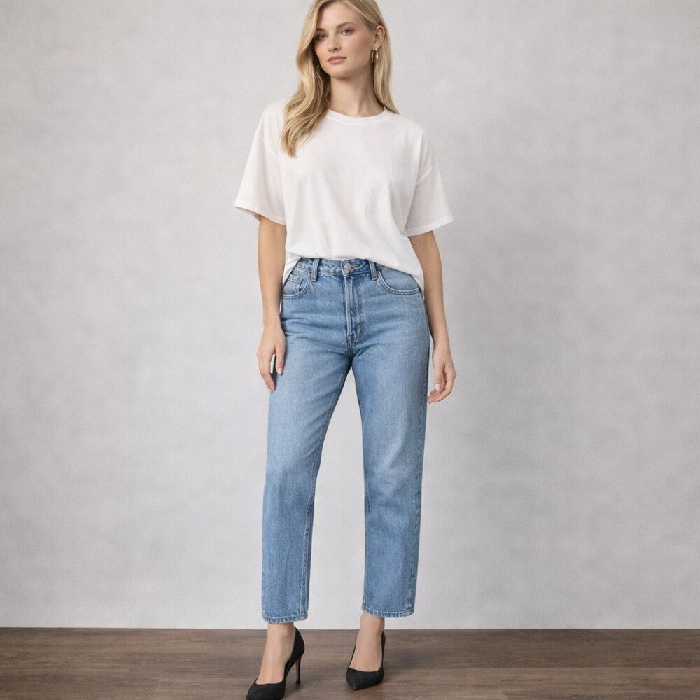 GRLFRND Size 27 High Rise Button Fly Straight Leg Ankle Length Blue Denim Jeans